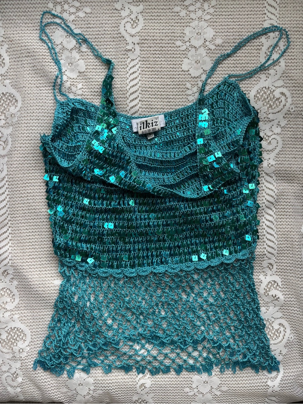 Teal Sequin Crochet Cami
